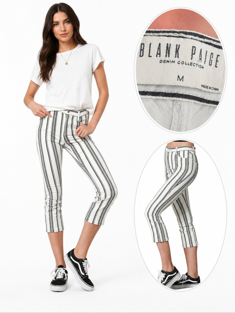 Blank Paige Striped Cropped Cream/Black Cotton Casual Boho Stretchy Pants Sz M